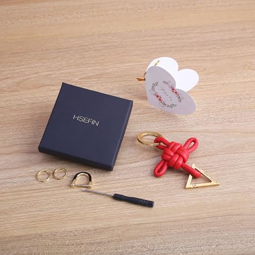 Ladies' genuine leather Chinese knot keychain, D-shaped horseshoe shaped car keychain, bag charm pendant - color: Red