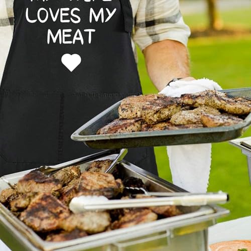 Rosoz Funny BBQ Black Chef Aprons for Men Adjustable Kitchen Cooking Aprons - color: My Wife Loves My Meat