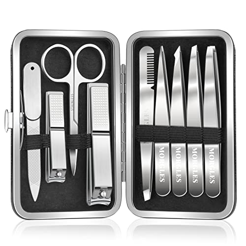 MORGLES Tweezers Set for Men 9 Pcs Nail Clipper Kit with Case for Grooming - color: C-silver