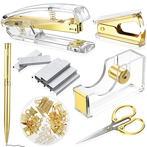 Office Supplies Set Desk Accessory Kit, Acrylic Stapler Set Staple Remover, Tape Dispenser, Binder Clips, Paper Clips, Ballpoint Pen and Scissor with 1000 Pieces 26/6 Staples (Gold) - color: Gold