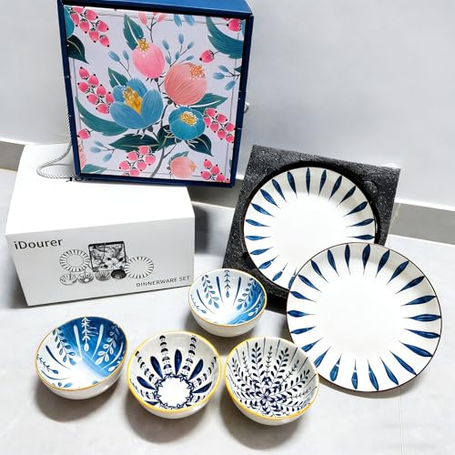 Ceramic Plates and Bowls Set, Japanese Style Dinnerware Set with Gift Box - Blue and White - 4 Rice Bowls and 2 Pasta Bowls - Kitchen Gifts for Women - color: Japanese A (4 bowls+2 plates)