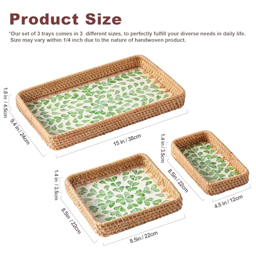 Set of 3 Rattan Serving Trays with Mother of Pearl, Terrekraft - color: Green Leaves