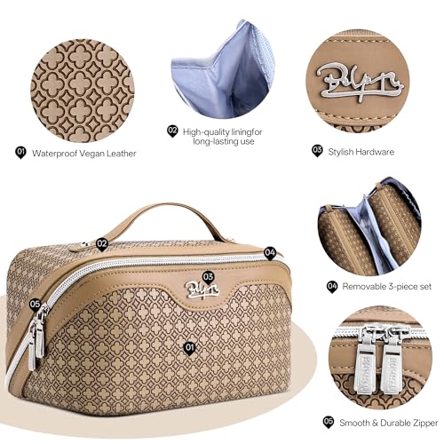 BOYATU Travel Makeup Bag for Women: Four Leaf Clover 3 Pcs Set Cosmetic Bag - color: M-05Brown