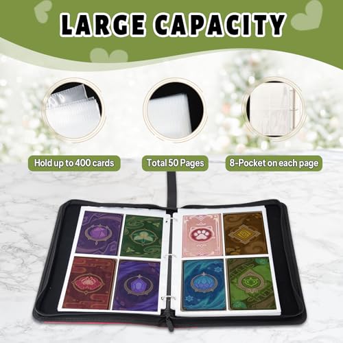 Card Binder for Girls, Cat Trading Card Binder 4 Pocket, Collectible Trading Card Holder for 400 Cards, PU Leather Binders Game Cards Collection Sports Cards Collector Albums with Zipper - color: Black Cat-Flowers, size: 400 Pockets