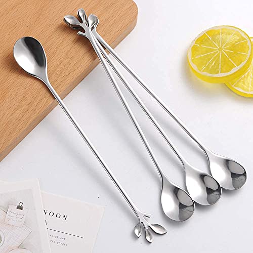 AnSaw 6-Piece Elegant Silver Leaf Long Handle Teaspoons - 7.4" - color: Silver