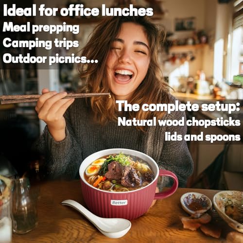 Artena 38 oz Soup Bowls with Handles, Lids, Spoons & Chopsticks – 6 Inch Large Microwave Safe Ceramic Ramen Bowls, Soup Mugs & Cereal Bowls for Instant Noodles, Oatmeal, Meal Prep (Red-Set of 2) - color: Red-Set of 2