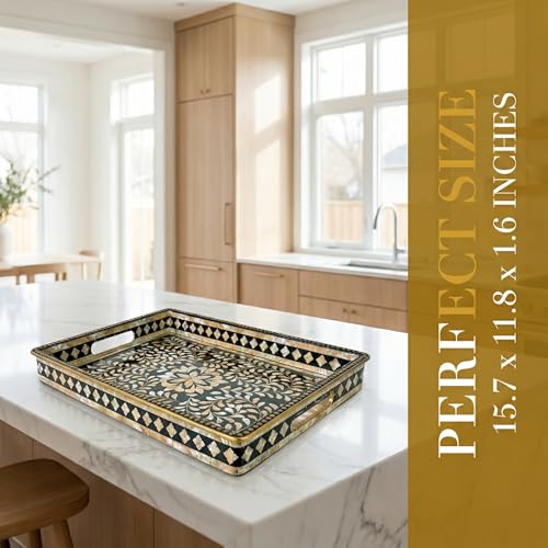 Boho Serving Tray with Handles, 15.7”x11.8” Rectangular Decorative Plastic Tray (Vintage Black & Gold) for Coffee Table, Ottoman, Living Room – Multipurpose Deco - color: Black&white