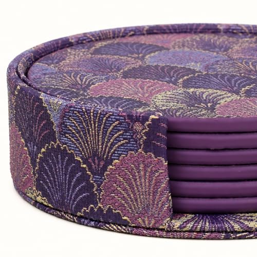 Art Deco Coasters Set of 6 with Holder, Purple - color: Purple
