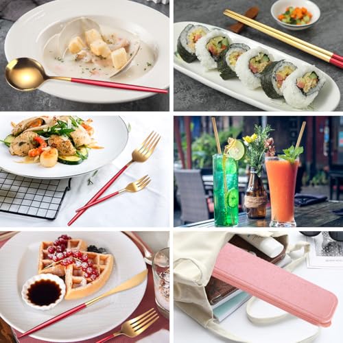 AARAINBOW 8 Pieces Stainless Steel Flatware Set Portable Reusable Cutlery Set Travel Utensils Set Including Chopsticks Knife Fork Spoon Straws Cleaning Brush Dishwasher Safe (Red Golden) - color: Red Golden