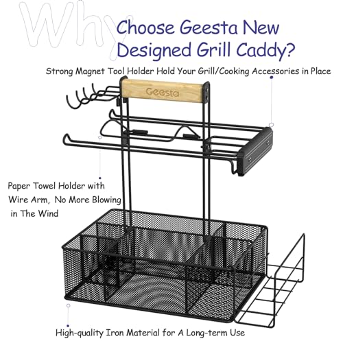 Geesta Grill Caddy for Outdoor Grill, BBQ Picnic Camping Caddy with Paper Towel Holder & Magnetic Tool Holder, Condiment Storage Utensil Kitchen Organizer for RV Camper, Tailgate Accessories