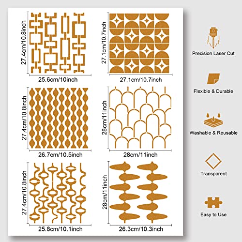 NBEADS 6 Pcs 6 Styles Retro Tile Stencils, 11.8×11.8 Inch Mid Century Modern Painting Stencil Tempalte DIY Art Craft Painting Wall Stencils for Painting on Wood Canvas Paper Furniture Wall (Pack of 2) - size: 11.8x11.8" (Pack of 2)