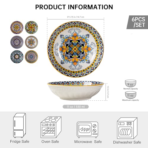 10 OZ Small Snack Bowls/Dishes Set of 6 - Ceramic Colorful Bowls for Side Dishes, Ice Cream, Dessert, Appetizers, Dips and Sauces, Dishwasher & Microwave Safe - Bohemian Style - size: 10oz / 5.75''