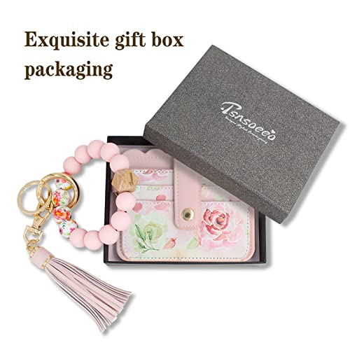 Keychain Wallet Wristlet Small Credit Card Holder Bracelet Key Chain Purse Bangle Tassel Beads Key Rings for Women - color: 03-rfid Pink