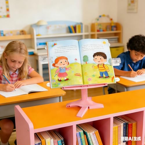 Book Stand for Desk, Kids Book Stand Adjustable Shelf Thick Base Foldable Riser Holder, Portable Desktop with Elastic Page Clips Gift for Children (Pink) - color: Pink