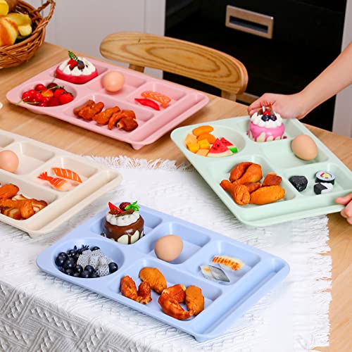 Pinkunn 12 Pcs 14'' Large Divided Plates Unbreakable Wheat Straw Lunch Trays 6 Compartments Cafeteria Trays Microwave Dishwasher Safe Food Separator Plates (Beige, Blue, Green, Pink) - color: Beige, Blue, Green, Pink