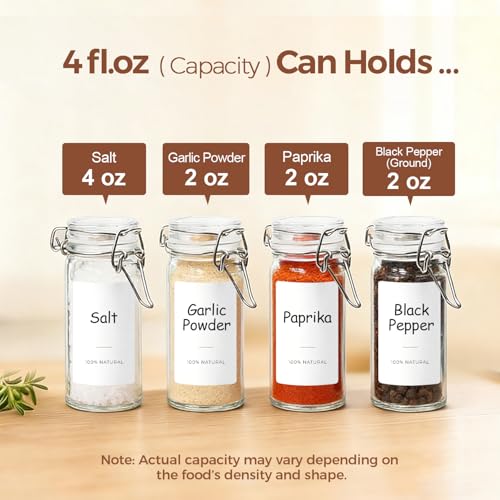 ComSaf Small Glass Spice Jars with Airtight Lids 4 oz 6 Pack with Labels - size: 4 fl oz x 6