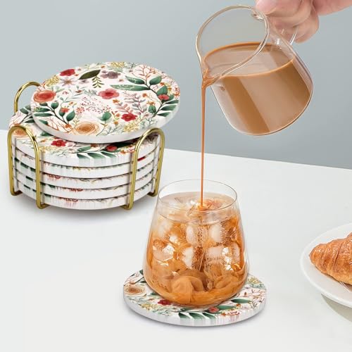 Cute Flower Absorbent Drink Cup Coasters Set of 6 Floral Coffee Table Decor
