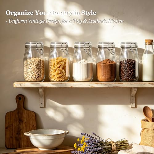 ComSaf Large Ribbed Glass Jars with Airtight Lids 51 oz 3 Pack Wide Mouth - size: 51 fl oz x 3 - Ribbed