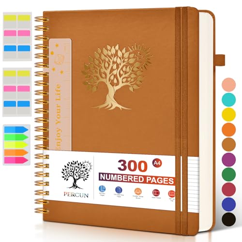 PERCUN Spiral Notebook 300 Numbered Lined Pages Hardcover Journal 8.5"x11" - color: Brown, size: A4 size (8.5in x 11.5in)