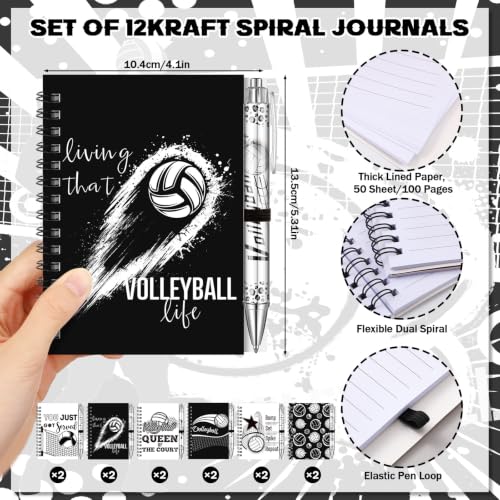 Resurhang 12 Sets Volleyball Notebook Gifts 5.5 x 4.3'' Black and White Volleyball Spiral Notebook Ballpoint Pens for Coaching Supplies Coach Gifts Team Party Players Sports Lover - style: Black White Volleyballs