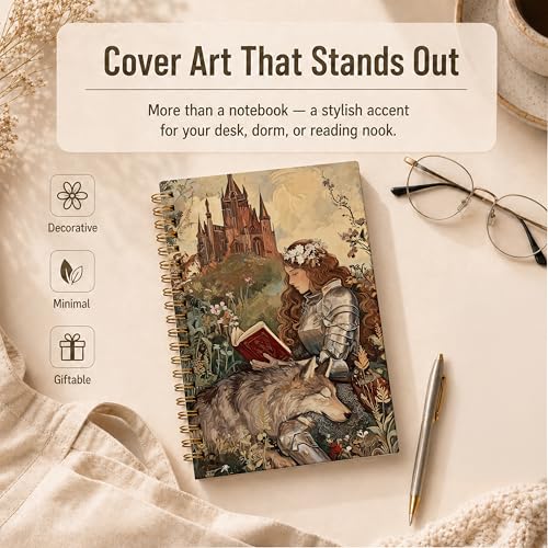Armored Knight Woman Reading Spiral Notebook, Vintage Fantasy Mid-Century Book Lover Journal, Bookish Bookworm Gifts Hardcover Lined Notebook Journal, 5.5x8.3 Inch - color: pattern-4