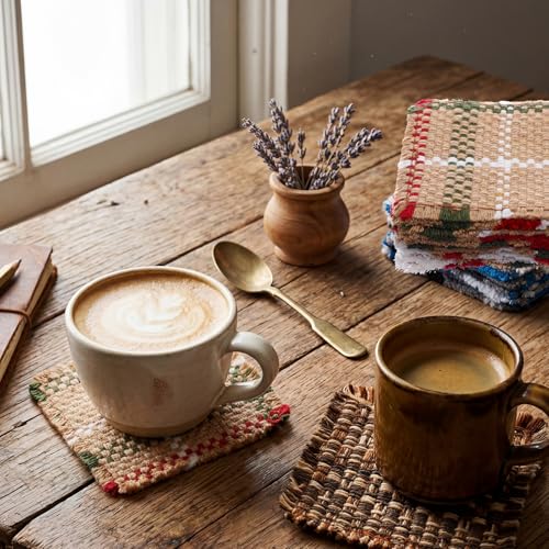 Set of 10 Fabric Drink Coasters, Handcrafted Cotton Woven Coasters for Table, Coastal Farmhouse Table Decor for Coffee Tea Cocktails, Absorbent Soft Desk Coasters for Kitchen Office, Housewarming Gift - color: Red & White Square