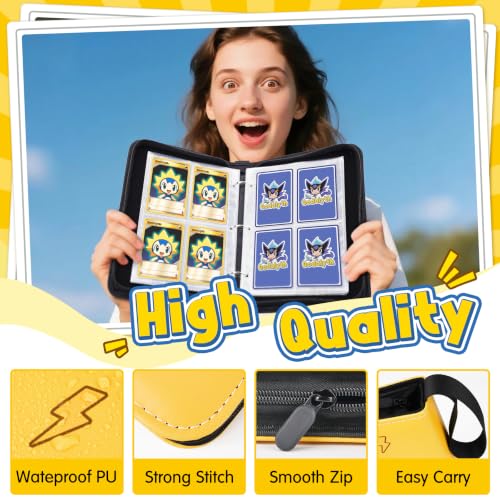 Card Binder, 4-Pocket Design, 400-Card Capacity with 5 Top loaders(Yellow Bolt) - color: Yellow Bolt, size: 4-Pocket