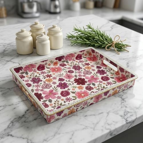 Rectangular Plastic Serving Tray with Handles, Burgundy Watercolor Floral Print with Gold Rim, Vintage Tray for Breakfast, Coffee, Tea, Home Decoration and Party, 15.7" x 11.8" x 1.57" - color: Red&white