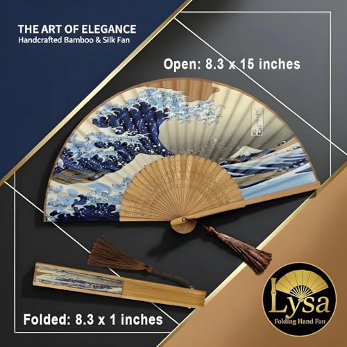 Lysa Hand Fan for Women Foldable - Portable Folding Japanese Chinese Fan - for Hot Flashes, Summer Cooling, Festivals, Church, Dancing (Kanagawa Wave) - color: Kanagawa Wave
