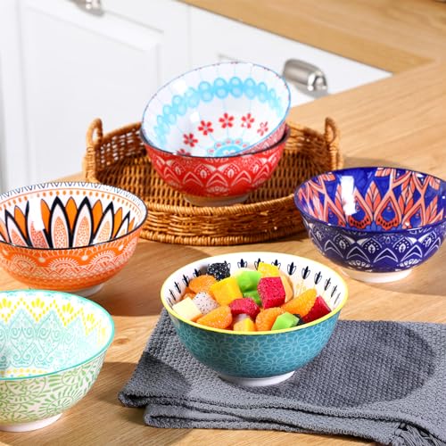 FillTouch 6 Pack 24 oz Ceramic Bowl Set Ceramic Dessert Bowls for Kitchen Serving Dishes Soup Salad Pasta Ramen Cereal Rice Colorful Design Microwave and Dishwasher Safe, 6.25''