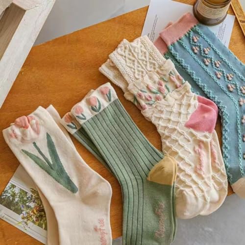4 Pairs tulip Cute Socks, Women's Lace Ruffles Ankle Casual Sock, Cottagecore Breathable Mid Tube Socks, Floral Crew Socks