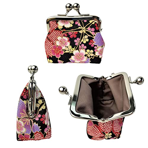 Coin Purse [ Made in Japan ] Traditional Edo Komon Design Small Change Pouch Cherry blossom (Black)