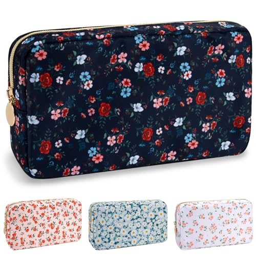 Nylon Small Floral Makeup Bag for Purse, Cute Preppy Makeup Bag Cosmetic Zipper Pouch Purse, Waterproof Portable Travel Set Toiletry Bag Make Up Brush Bag Organizer Storage for Women(Navy Blue-Flower) - color: Navy Blue-Flower, size: Small