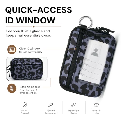 Wristlet Wallet for Women with Clear ID Window, Zip Coin Purse and Keychain - color: Charcoal Leopard