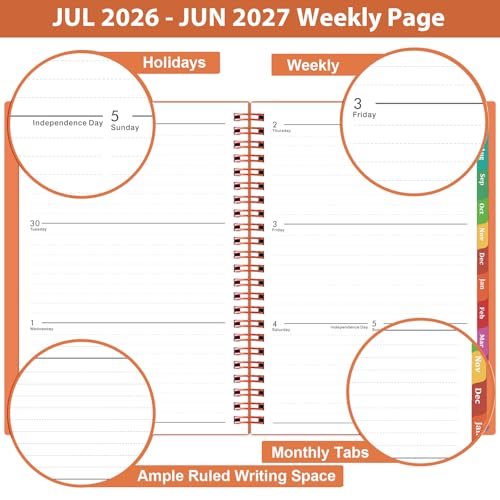 Planner 2026-2027 - Academic Planner 2026-2027,Planner Weekly and Monthly with Tabs, JULY 2026 - JUNE 2027, 6.25" × 8.3", Strong Twin-Wire Binding - color: Orange