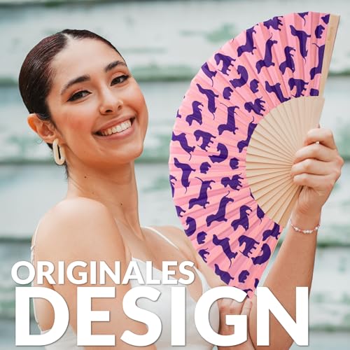 Fisura – Original “Sausage Dog” Folding Fan. Pink Wooden Handheld Fan for Women with Hanger. Lightweight Accessory for Weddings, Birthdays, Parties, Festivals and Fun Gift Ideas. - color: Sausage Dog