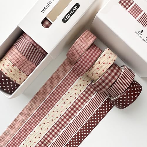 YUBBAEX 6 Rolls Plaid Washi Tape Set, Grid Pattern Masking Tape Classic Checkered Design Decorative for DIY Crafts, Bullet Journal Supplies, Planners, Scrapbook, Card/Gift Wrapping (Red) - color: Red