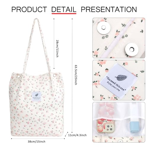 Ayieyill Corduroy Tote Bag for Women Canvas Shoulder Cord Purse with Inner Pocket - color: Beige/Pink Floral