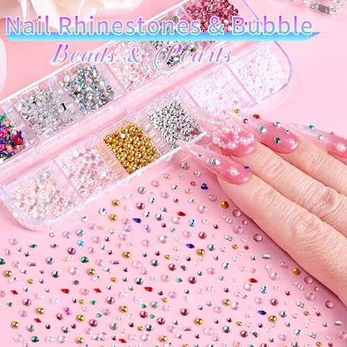 5 Boxes Gold & Silver Metal Nail 3D Punk Studs Flower Petals Heart Bows Star Pearls Rhinestones Nail Charms Nail Art Jewels with Tweezers and Nail Brush and Wax Pen Picker (10-multishapes charms) - color: 10-multishapes charms