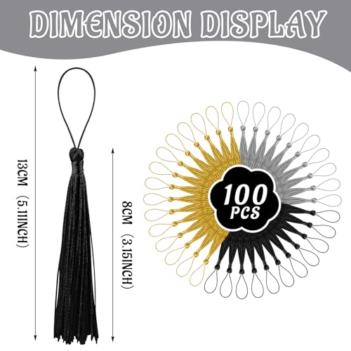 100 Pcs Bookmark Tassels Bulk Gold Silver Black Soft Craft Silky Handmade Mini Tassels for Jewelry Making with Loops for DIY Craft Accessory Dress Decoration - color: Gold Silver Black