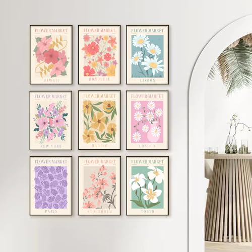 Flower Market Posters Set of 9, Minimalist Wall Art Prints, Vintage Flower Pictures, Abstract Canvas Colorful Floral Painting for Living Room, Bedroom, Dorm - color: Flower 04-9PCS