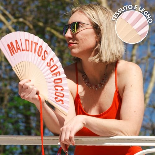 Fisura – Original Folding Fan with Message M*lditos sofocos, Wooden Handheld Fan for Women, Includes Hanger, Menopause Relief Accessory for Party, Birthday or Gift - color: M*lditos Sofocos, Pink