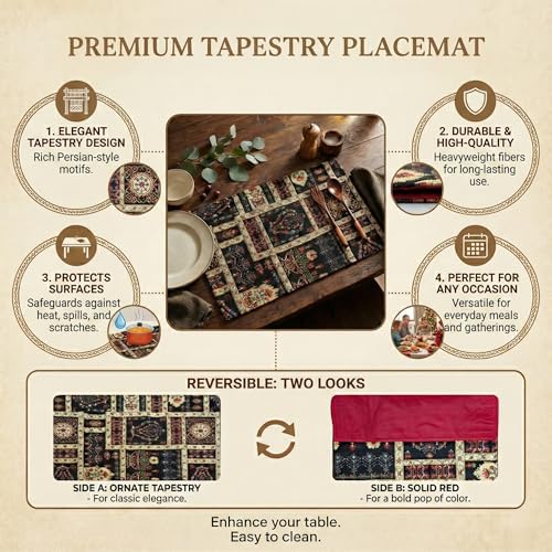 DaDa Bedding Turkish Batik Mughal Floral Tapestry Set of 4 Placemats - Woven Cotton Linen Kitchen Dining Table Mats - Multi-Colorful Black Vintage Indian Garden Ornament Dark Botanical - 13” x 19” - color: Dark Botanical