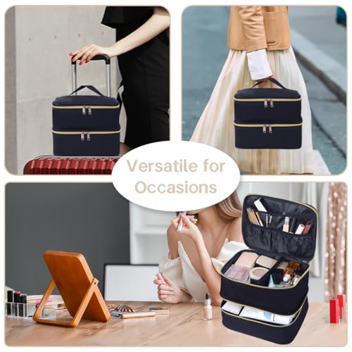 Double Layer Makeup Bag with Adjustable Dividers, Black - color: Black
