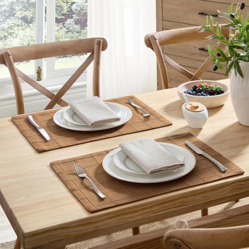ZeeMart Linen Checked Farmhouse Placemats Set of 4, Caramel 13x19in - color: Caramel, size: Set of 4