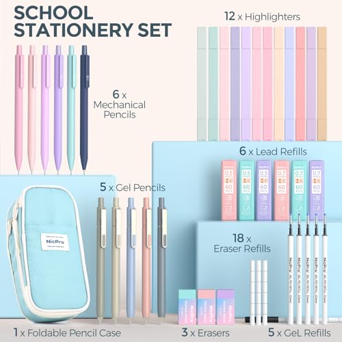 Nicpro School Supplies with Cute Pencil Case, 39 PCS Blue - color: Blue, size: 1 count (Pack of 39)
