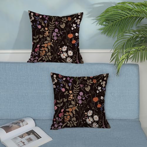 Spring Floral Pillow Covers 18x18 Pack of 2 Black Botanical Wildflower Herbs Throw Pillow Covers Outdoor,Summer Flower Plant Decorative Pillowcase Farmhouse Linen Cushion Case for Sofa Couch - color: Black Floral 1, size: 18" x 18" (Pack of 2)