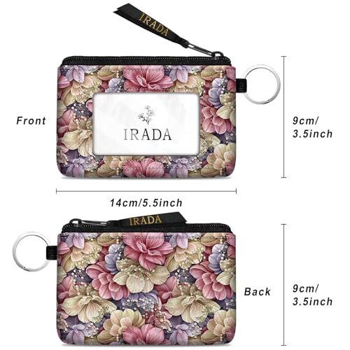 IRADA ID Case Wallet Keychain with Clear ID Window Zipper Cute Coin Purse for Women Water Resistant Small Coin Pouch-Luxury Romantic Delicate Flowers Keychain Wallet - color: Luxury Romantic Delicate Flowers-Keychain Wallet