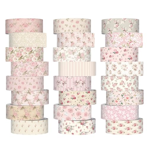 Gueevin 24 Rolls Floral Washi Tapes Set Scrapbook Supplies, Pink Floral - style: Pink Floral
