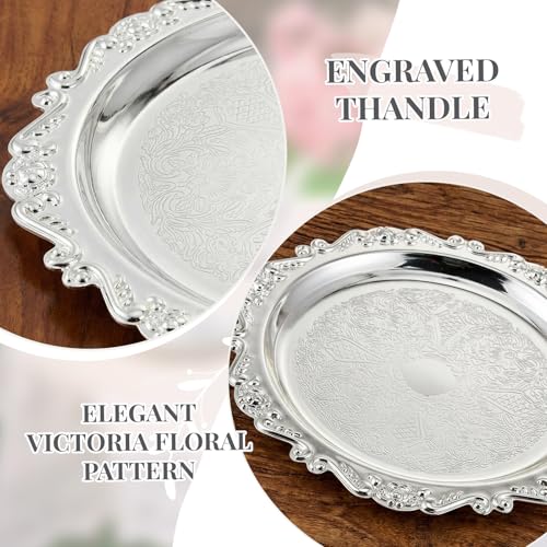 2 Pcs Silver Serving Trays 12 Inch, Vintage Floral Round Metal - size: 12 Inch